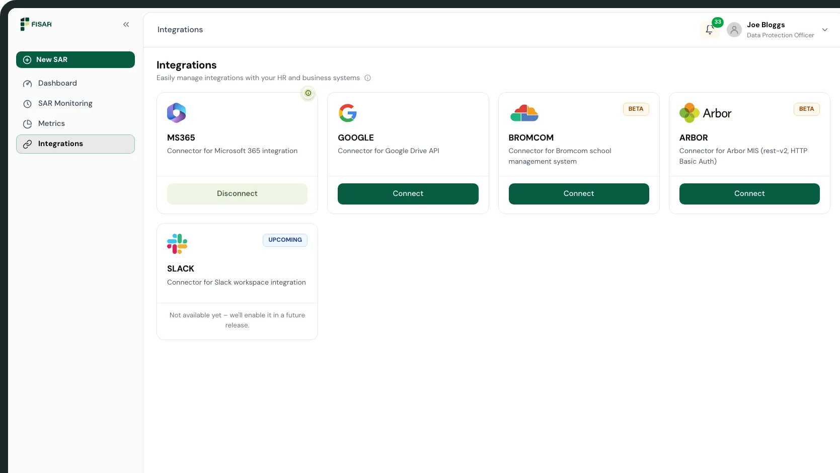 Fisar Integrations screen: Microsoft 365 connected, with Bromcom and Arbor available