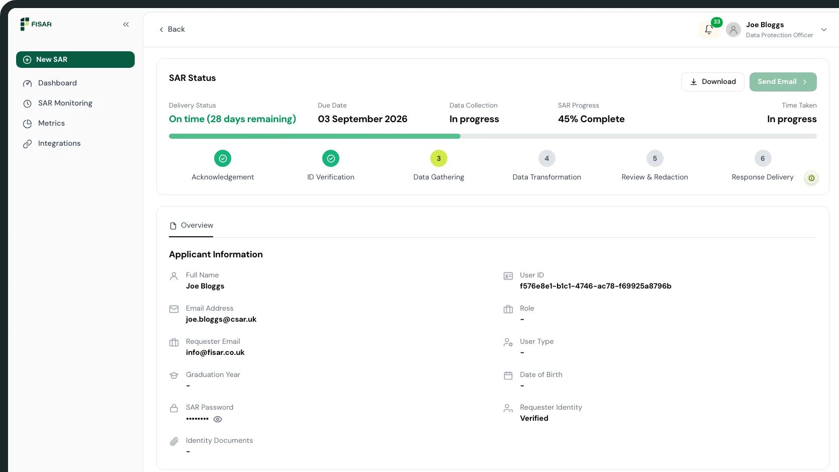 A request open in Fisar: identity verified and data gathering under way, 45% complete