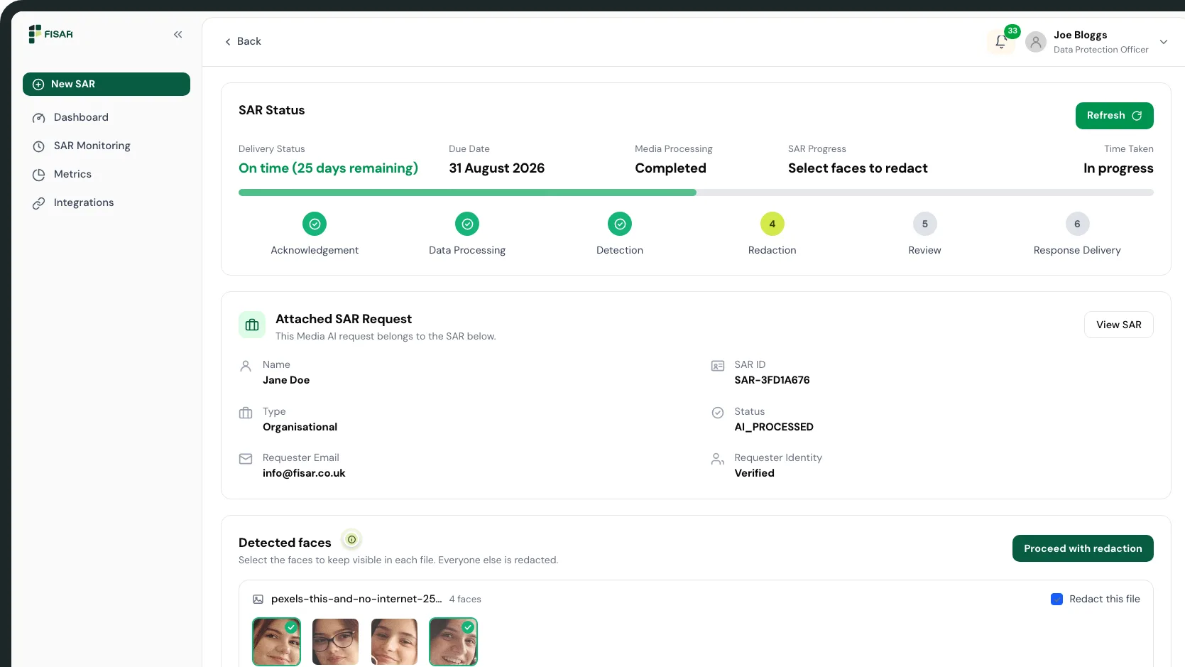 Fisar Media AI: detected faces selected for redaction ahead of review and delivery